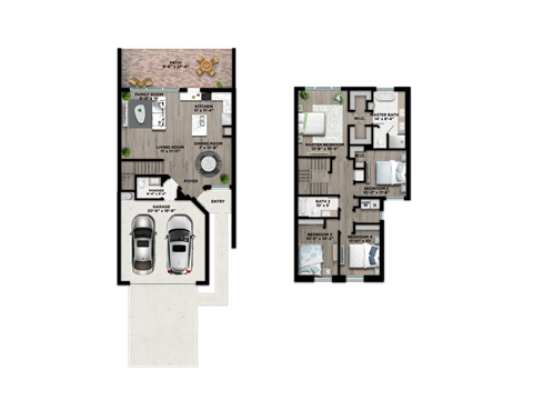 A floor plan of a house with two bedrooms, a living room, a kitchen, and a bathroom.